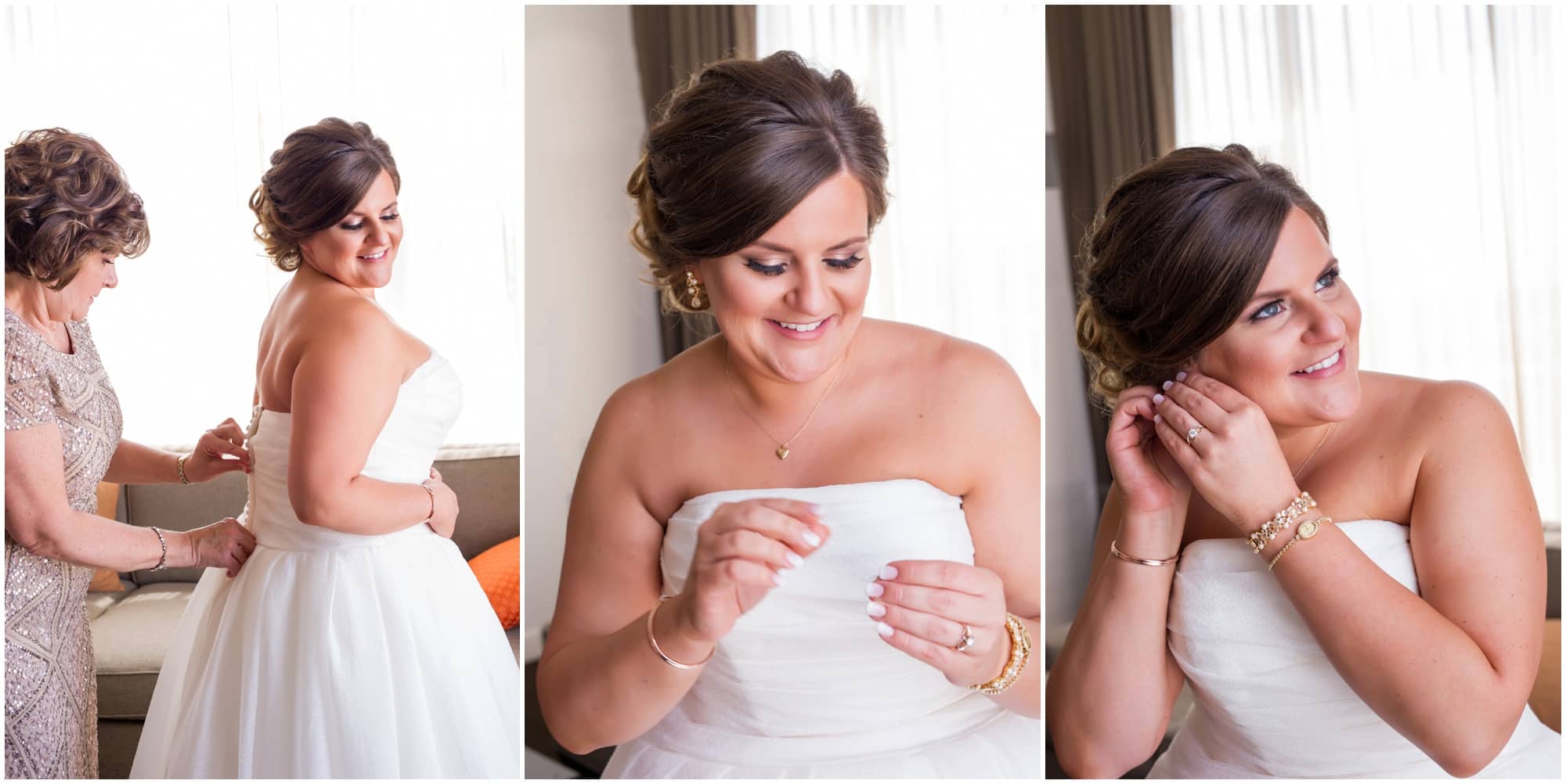 bride getting ready on wedding day, putting dress on with mother and earrings on by herself