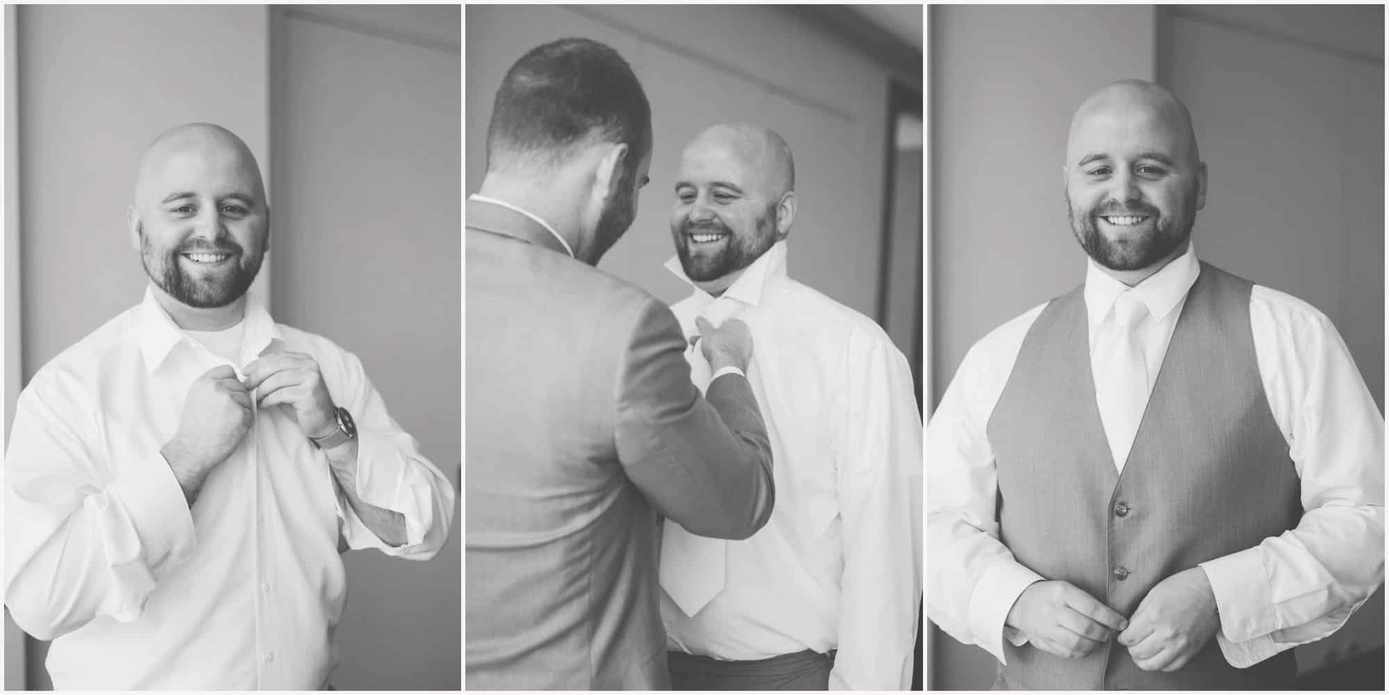 groom and groomsmen getting dressed on wedding day 