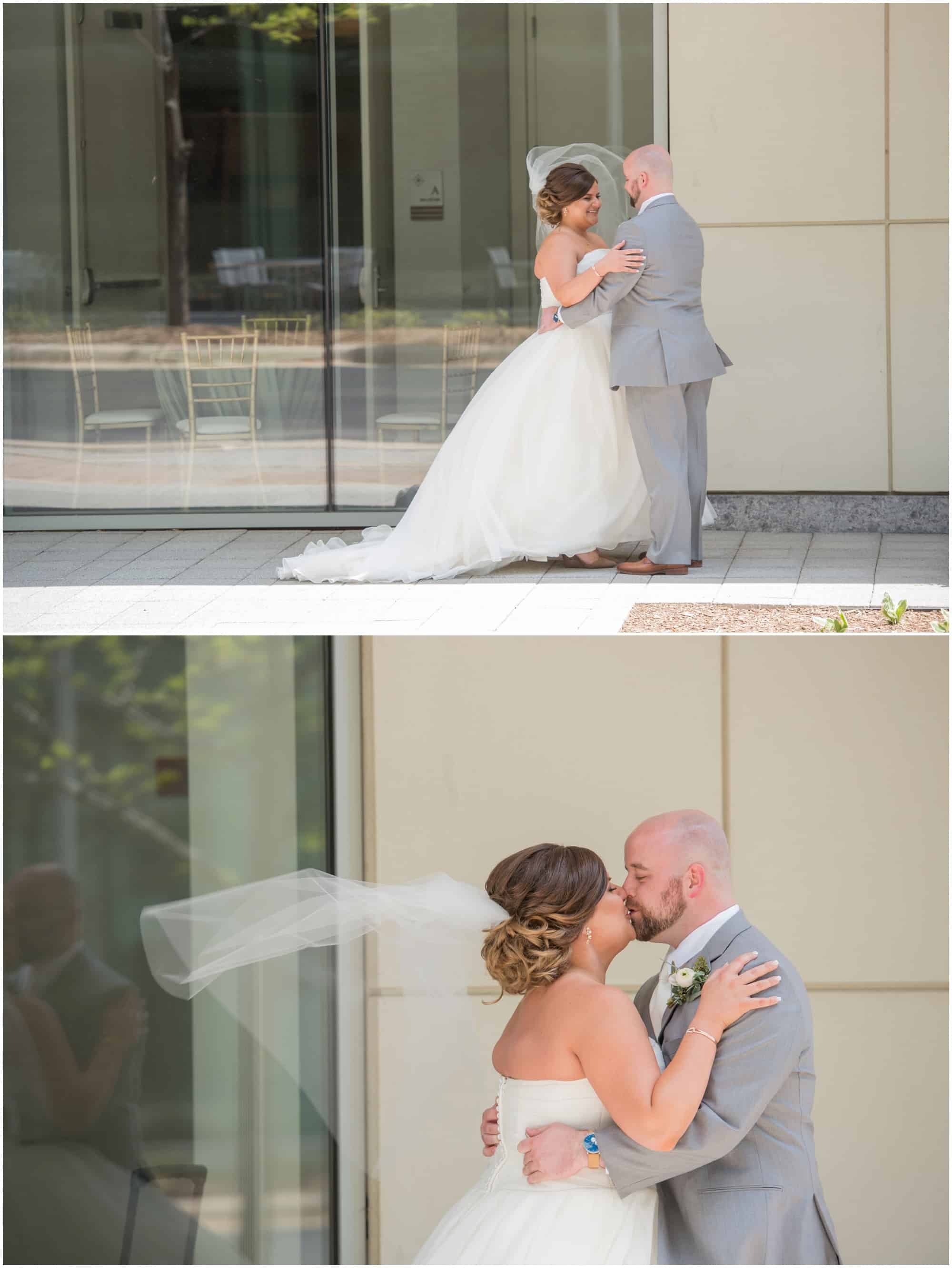 bride and groom seeing each other for first time on wedding day before ceremony