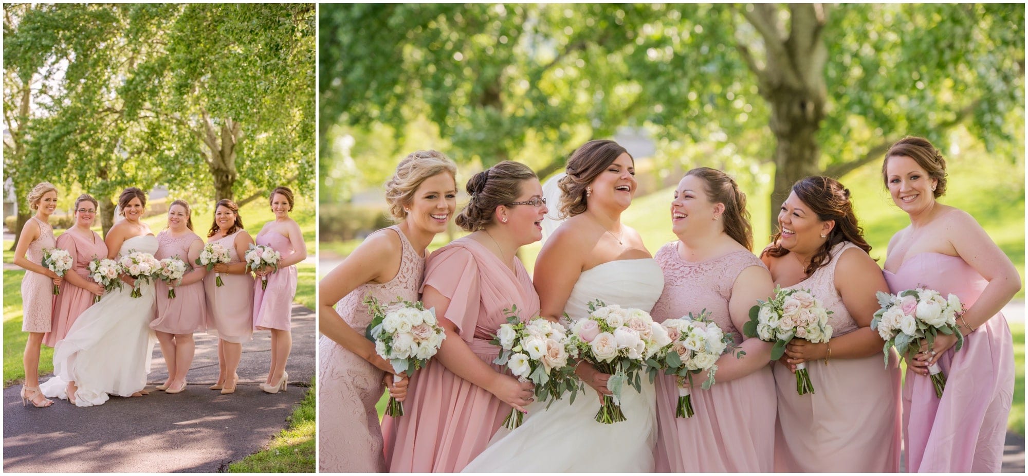 bride and bridesmaids laughing on the wedding day all wearing light pink short different dresses