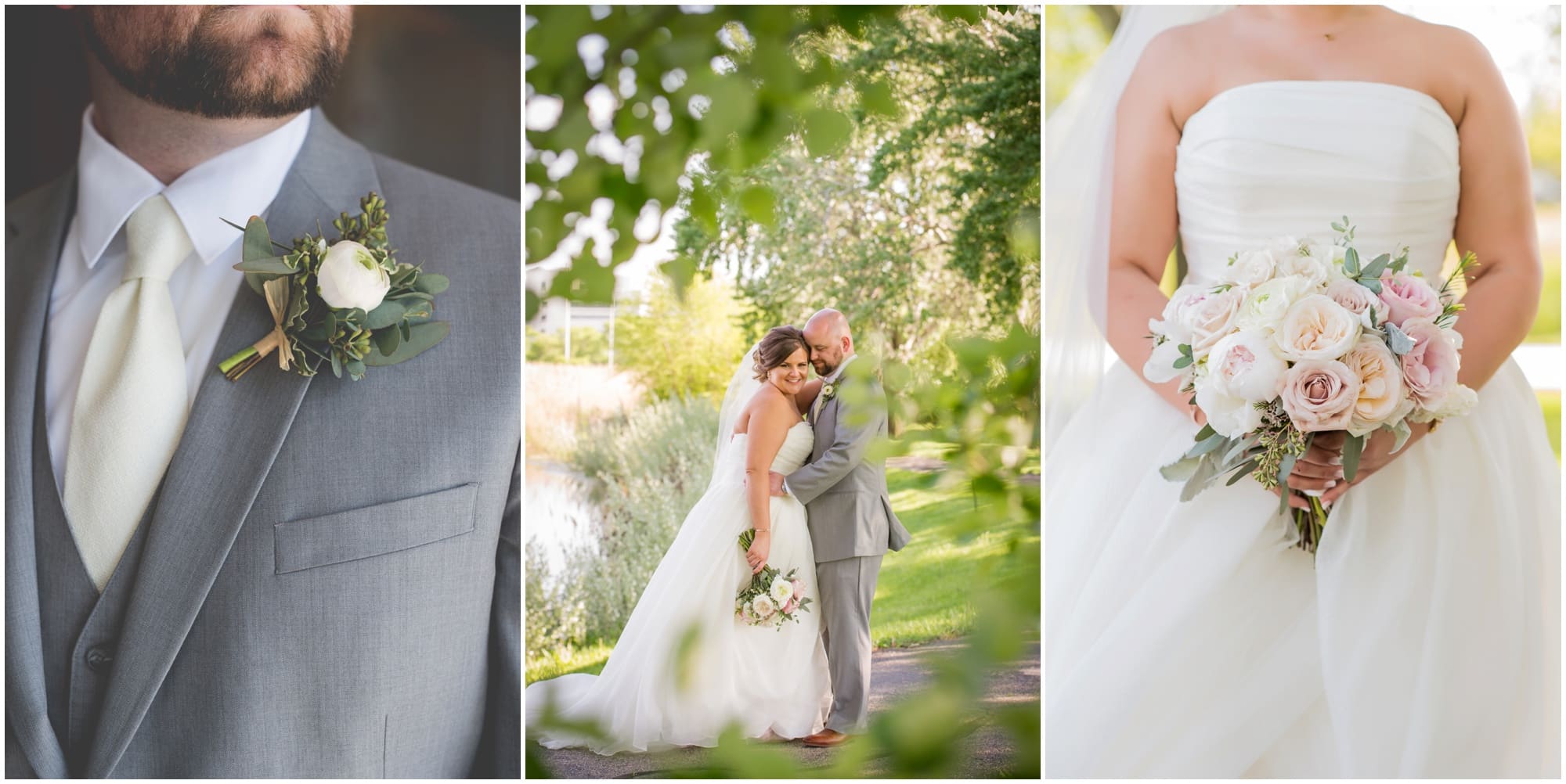 Bridal flower details and a romantic portrait of bride and groom behind leaves