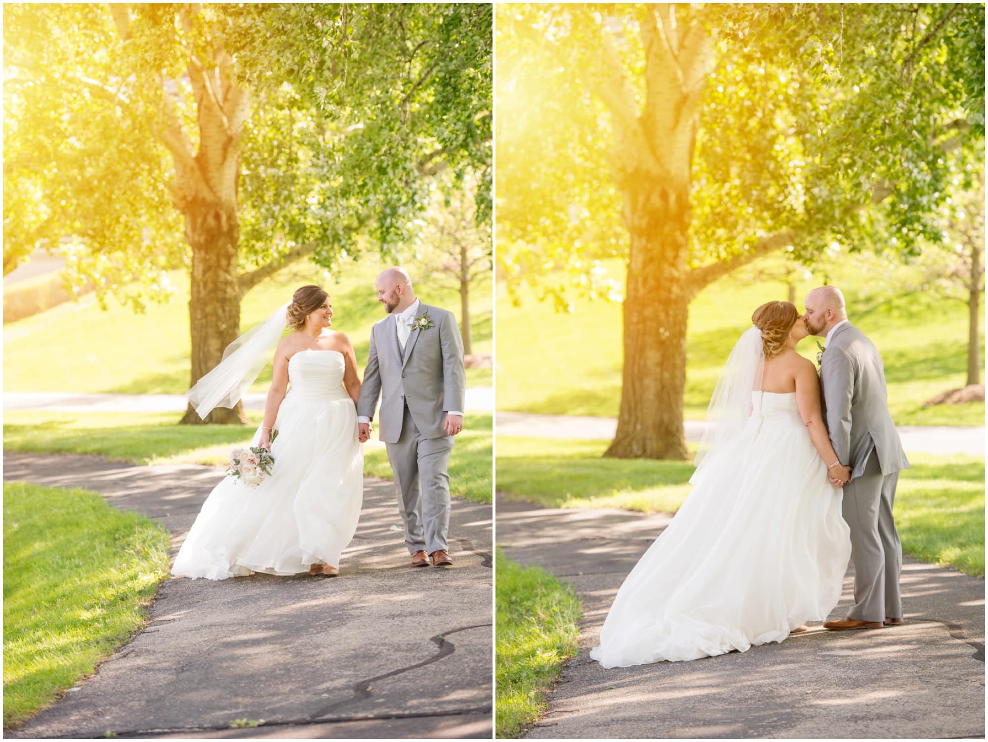 bride and groom walking and kissing at sunset on a beautiful green path 