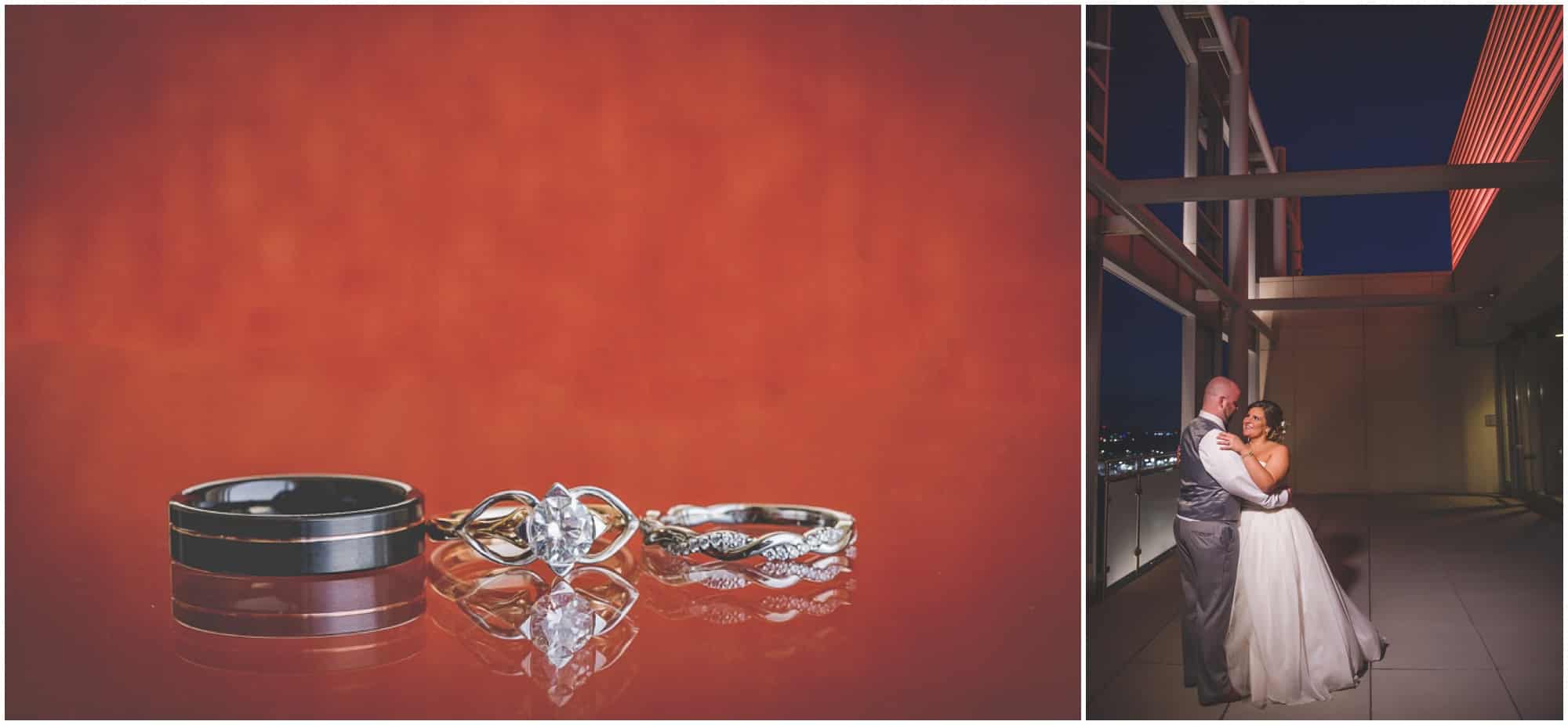 ring detail picture set against an orange backgrond and a night portrait of bride and groom on the balcony outside at Hotel Arista in Naperville
