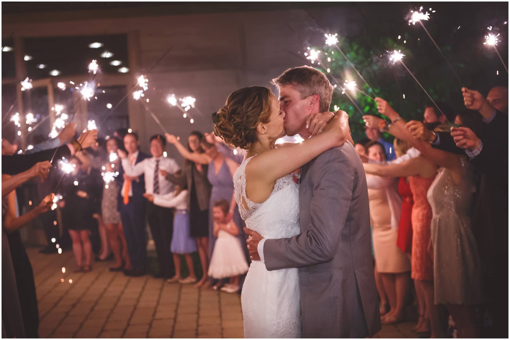 Hyatt McDonalds Lodge Oak Brook Wedding Photographer captures a Sparkler exit at wedding with couple kissing