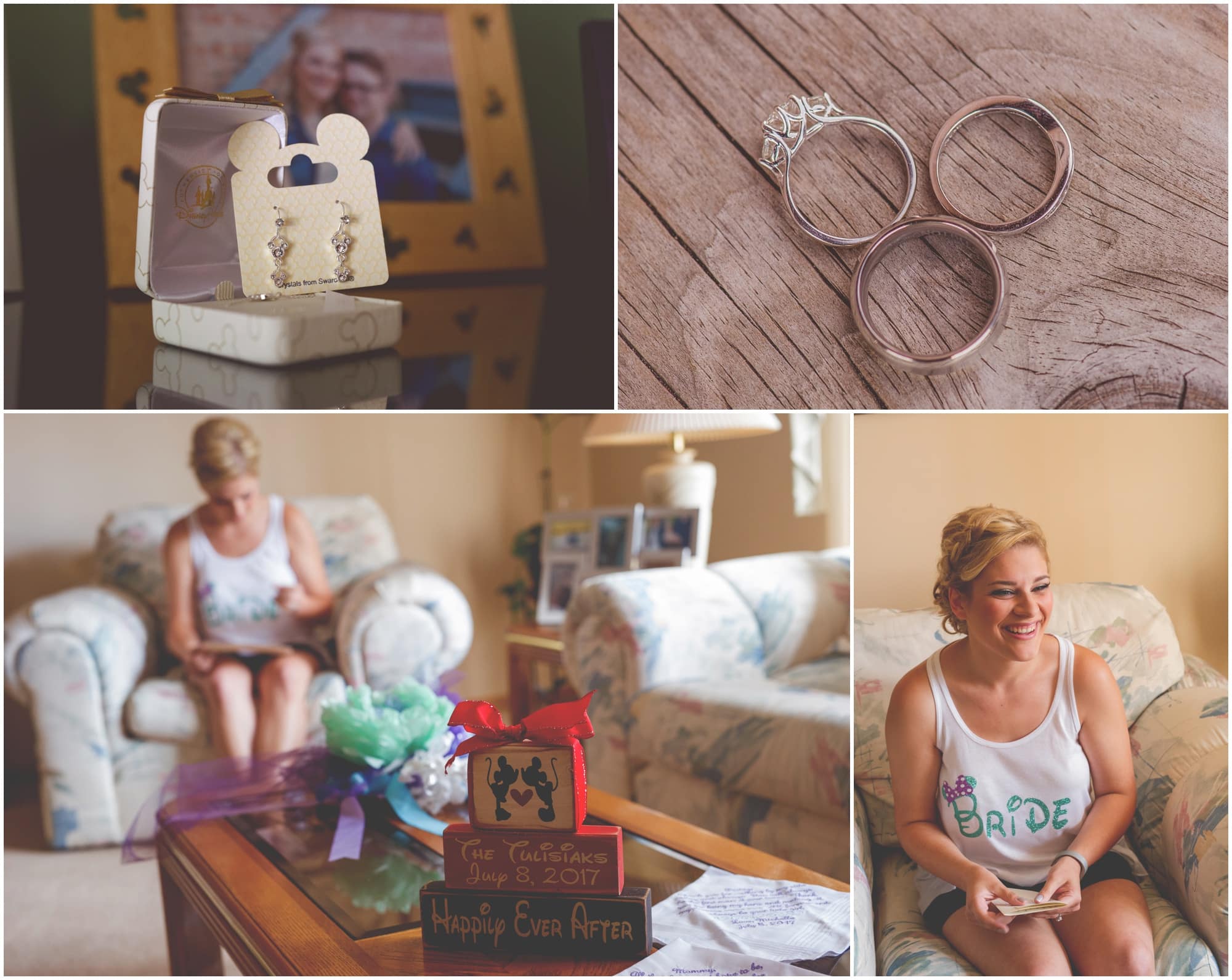 County Line Orchard Wedding Photographer Getting redsy details with bride including her love for all things disney, rings shot in shape of disney mickey mouse, jewelry from disney 