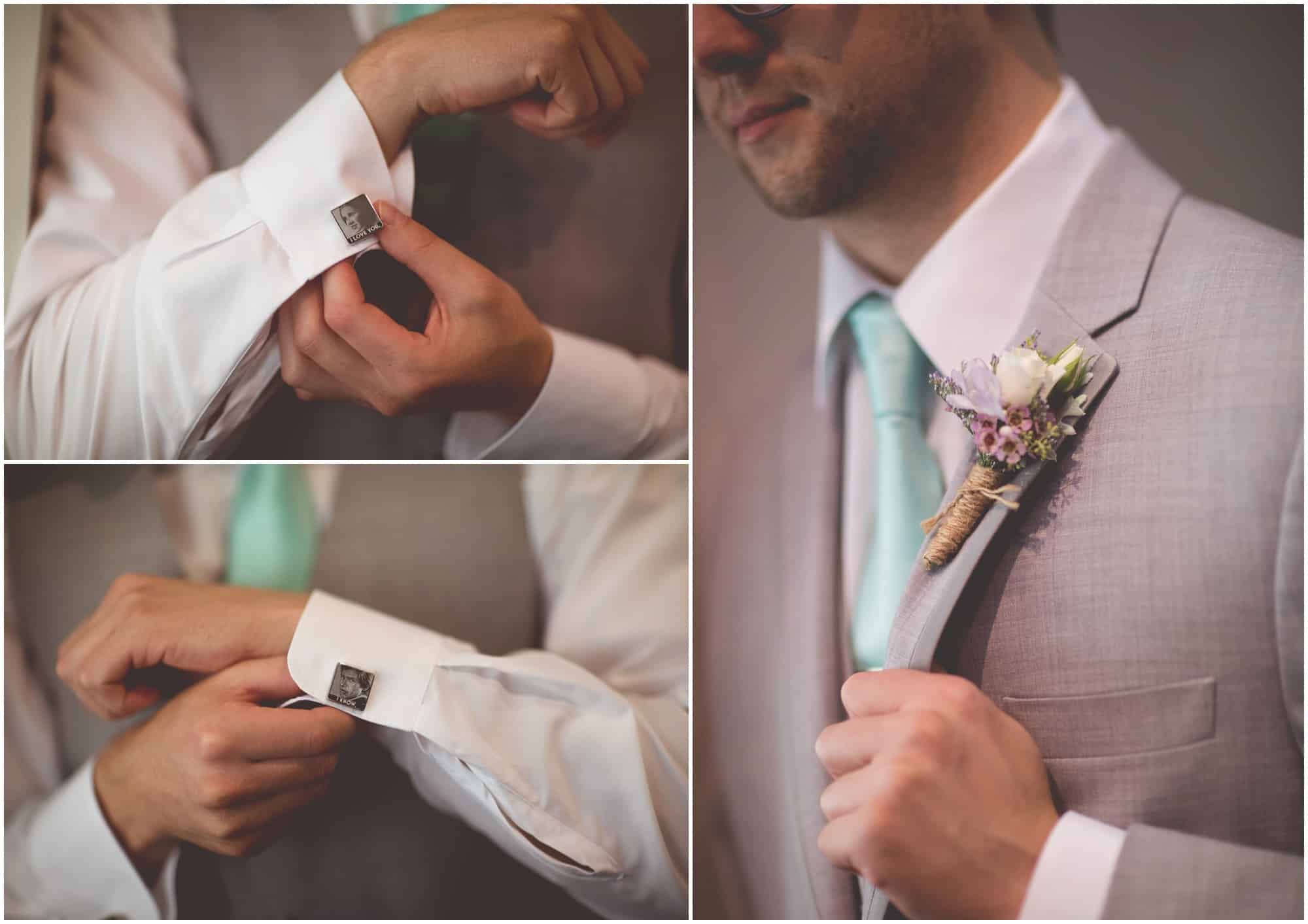 County Line Orchard Wedding Photographer groom getting ready and showing off his Star wars Cufflinks and boutonniere