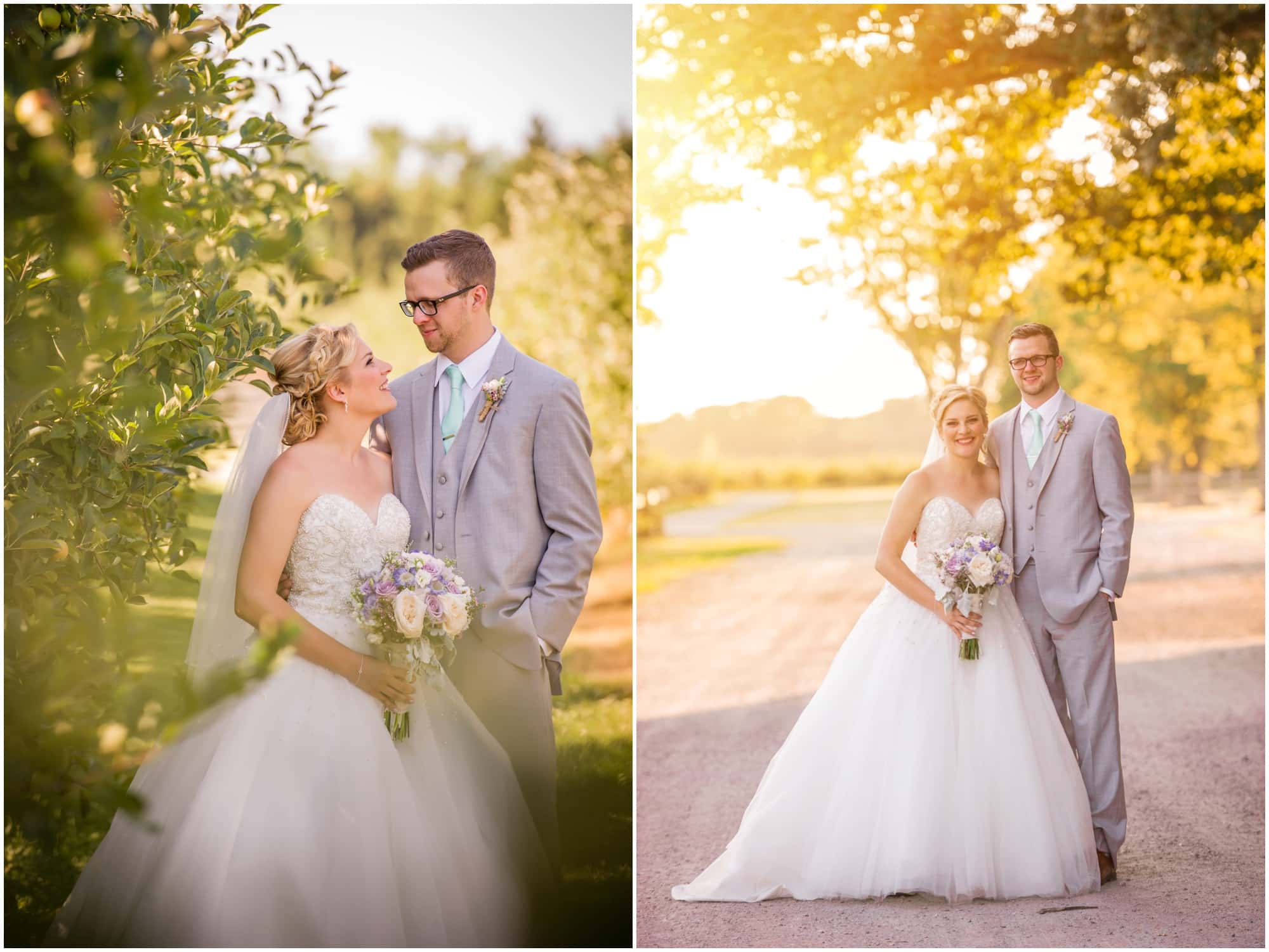 County Line Orchard Wedding Photographer romantic sunset portraits with bride and groom in orchard 