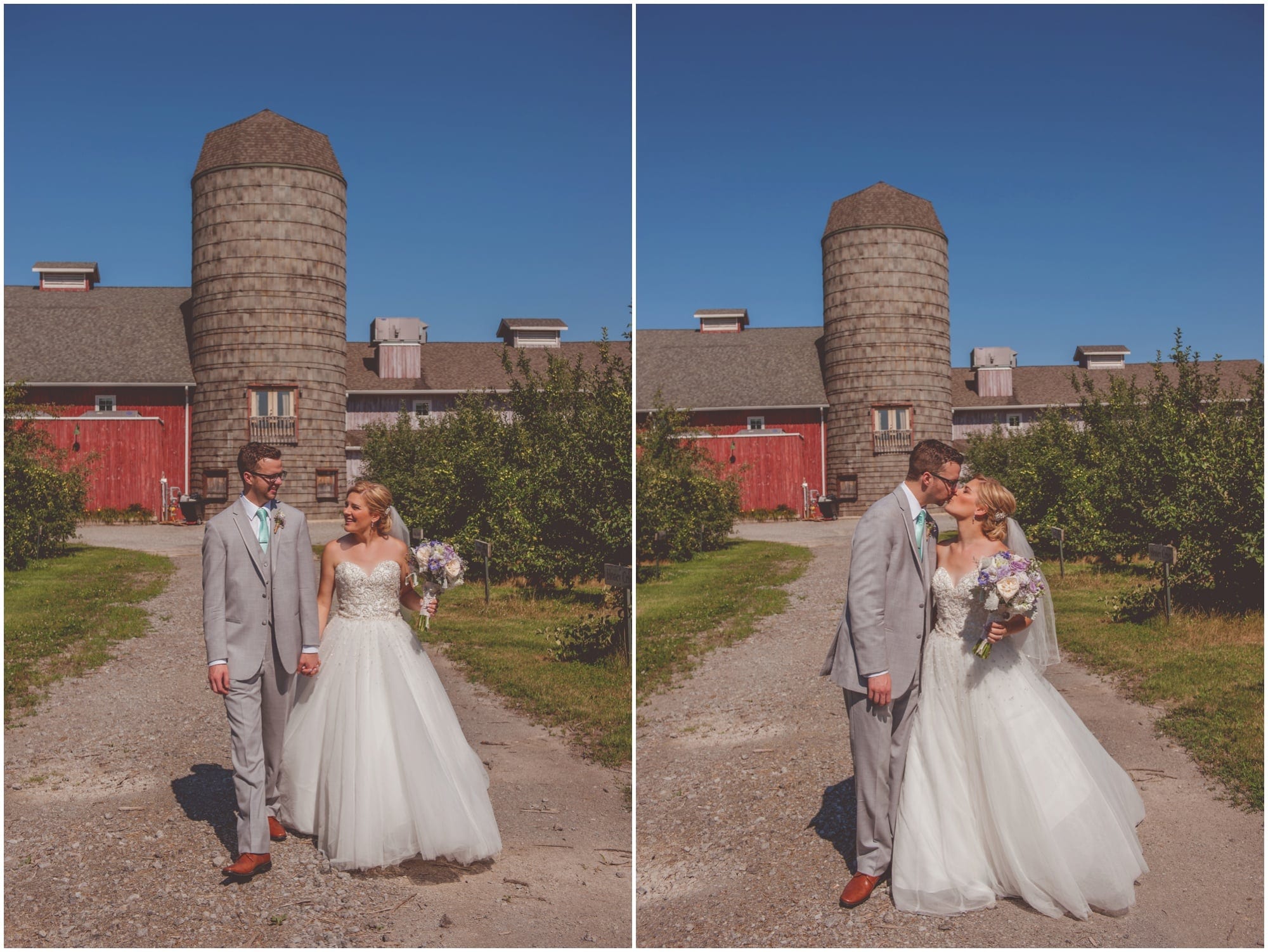 County Line Orchard Wedding Photographer bride and groom walking with barn and silo behind them on wedding day