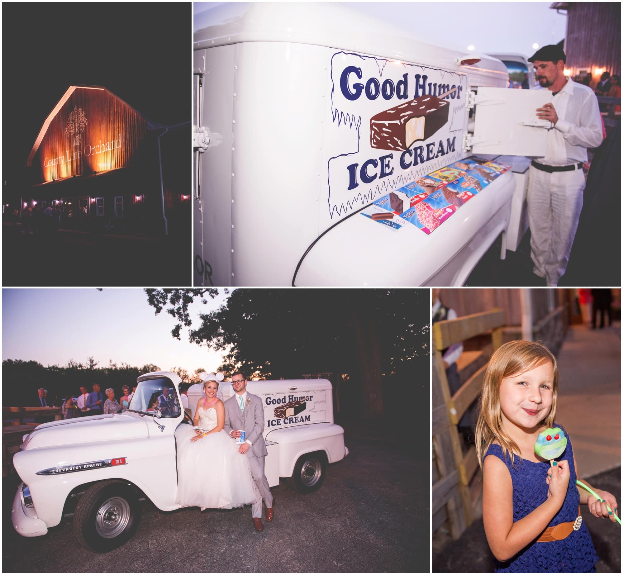 County Line Orchard Wedding Photographer ice cream truck at barn for a sweet late night treat, night detail image of the barn lite up 