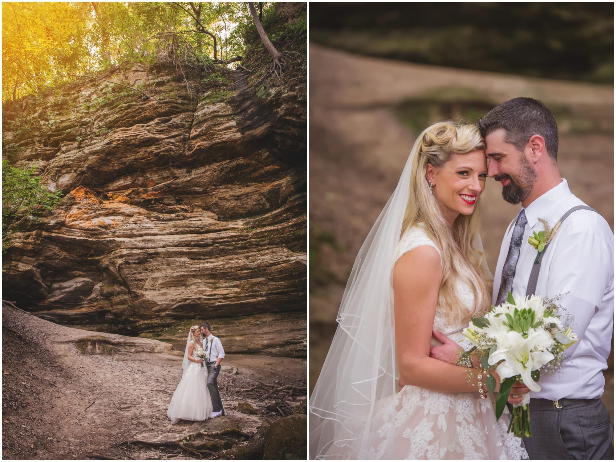 Starved Rock State Park Lodge Wedding Photographer Bride and Groom Portrait in Canyon