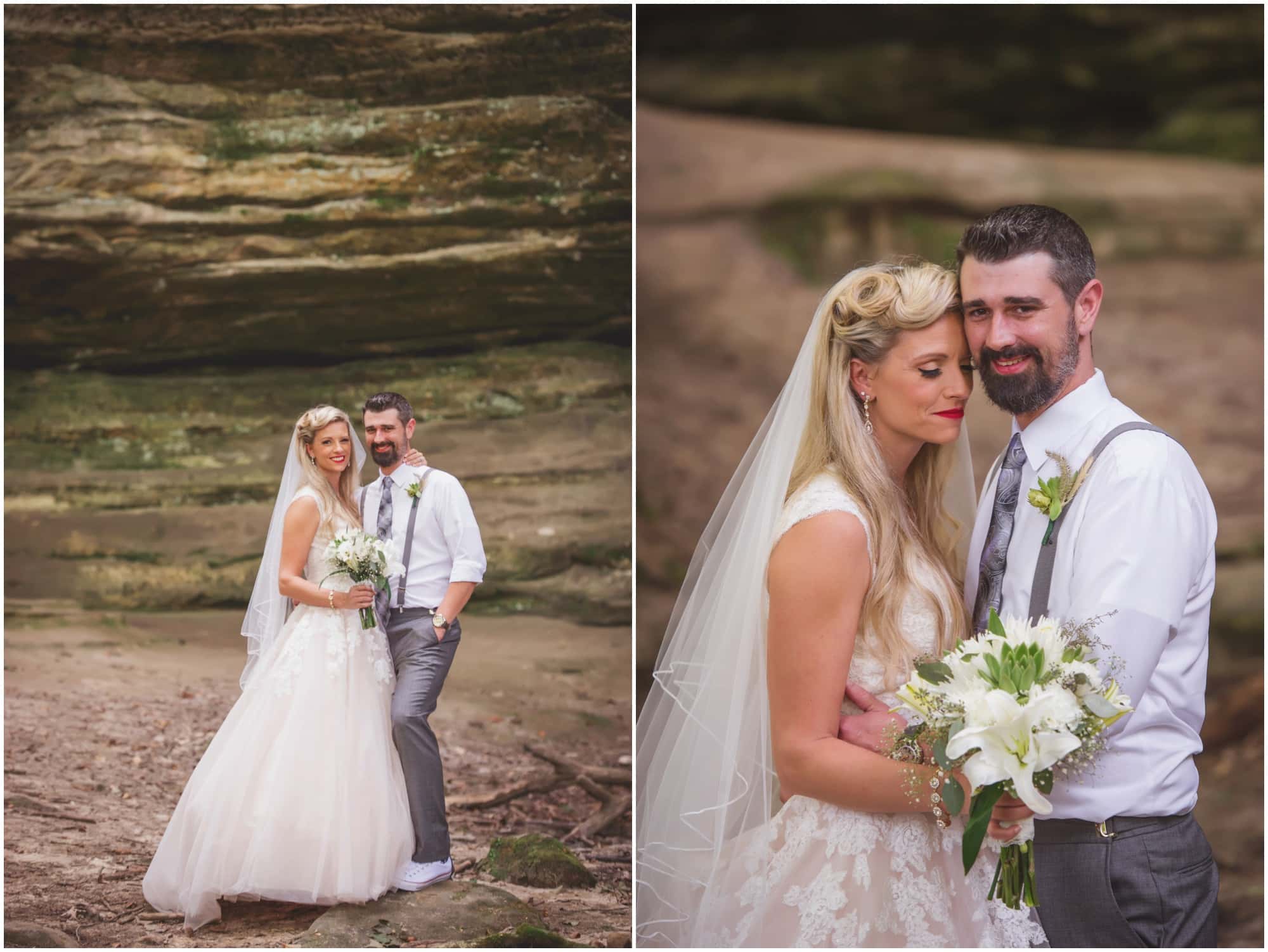 Starved Rock State Park Lodge Wedding Photographer Bride and Groom Portrait in Canyon 