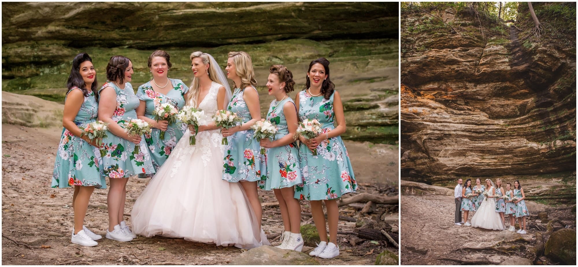 Starved Rock State Park Lodge Wedding Photographer wedding party Portrait in Canyon 