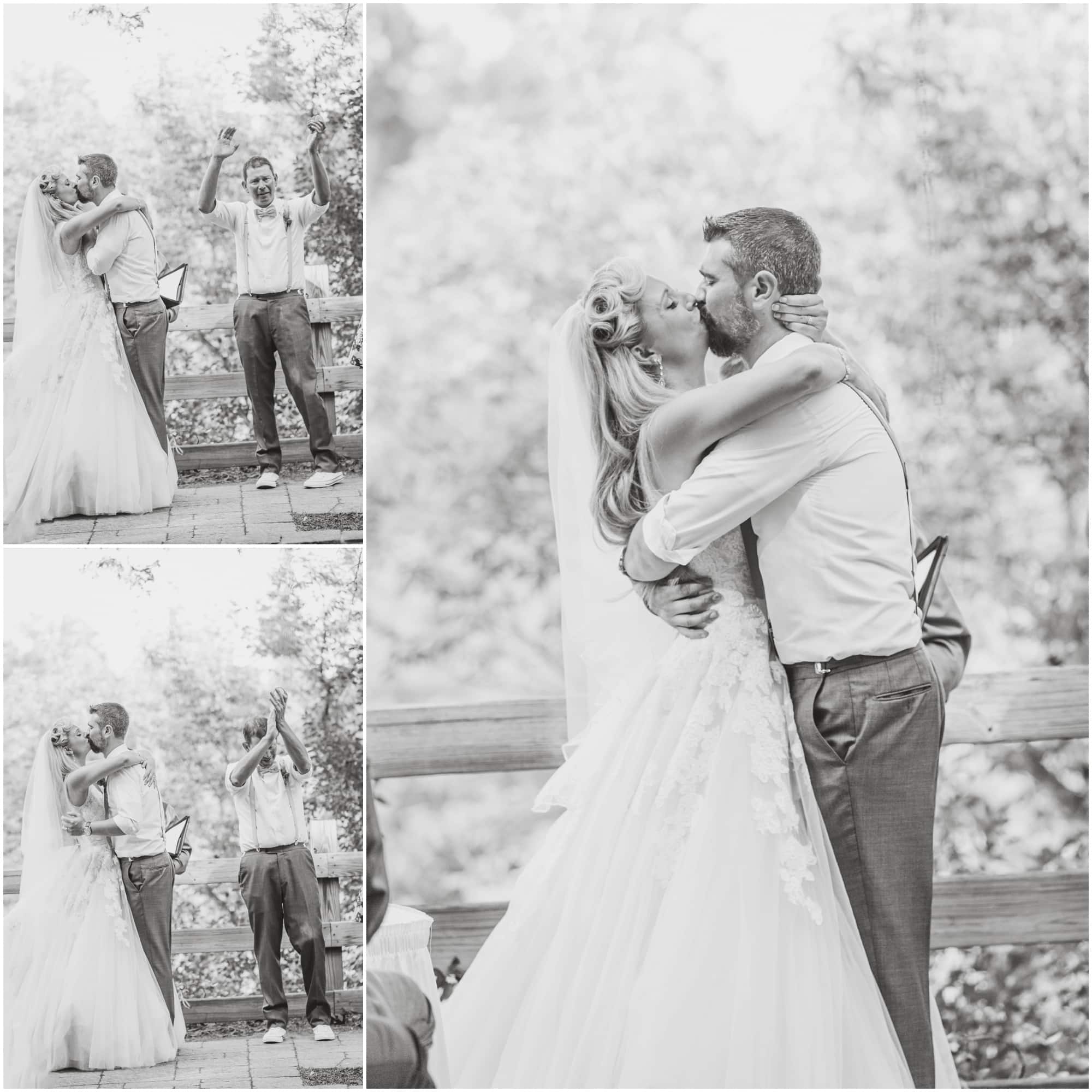 Starved Rock State Park Lodge Wedding Photographer wedding ceremony outdoors at Lodge first kiss